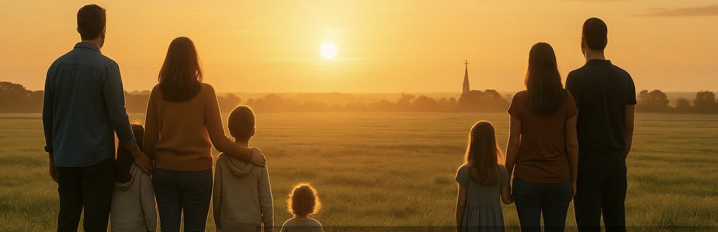 Family walking at sunset