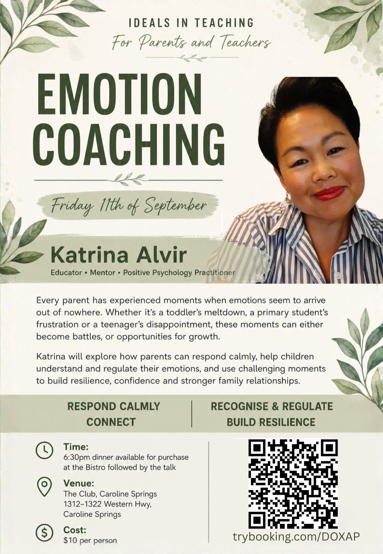 Emotion Coaching with Katrina Alvir, Friday 11 September 2026 at The Club, Caroline Springs. Select to register.
